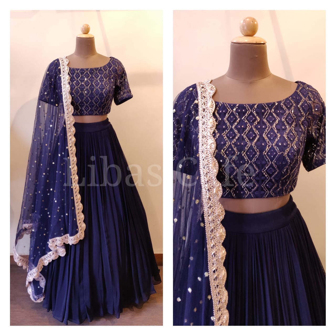 Navy Blue Zig Zag Lakhnavi Lehenga